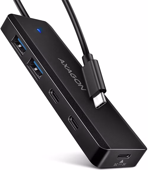 AXAGON HUE-C2C, 4× USB 5Gbps TRAVEL hub, 2× USB-A + 2× USB-C, USB-C napájanie, 19 cm USB-C kábel