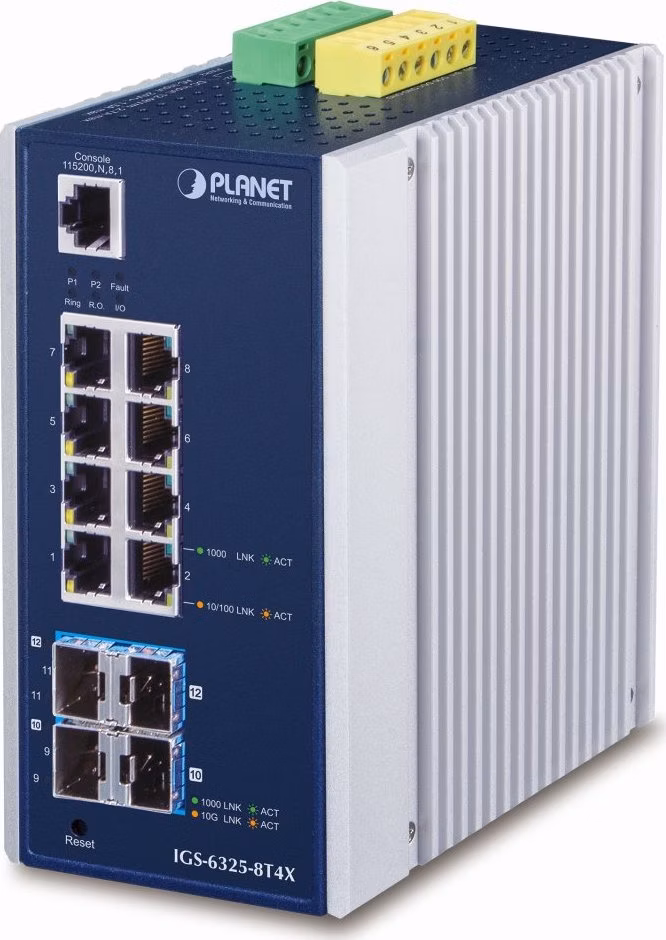 Planet IGS-6325-8T4X průmyslový L3 switch, 8x1Gb, 4x10Gb SFP+, 12-48VDC, -40~75°C, IP30, fanless
