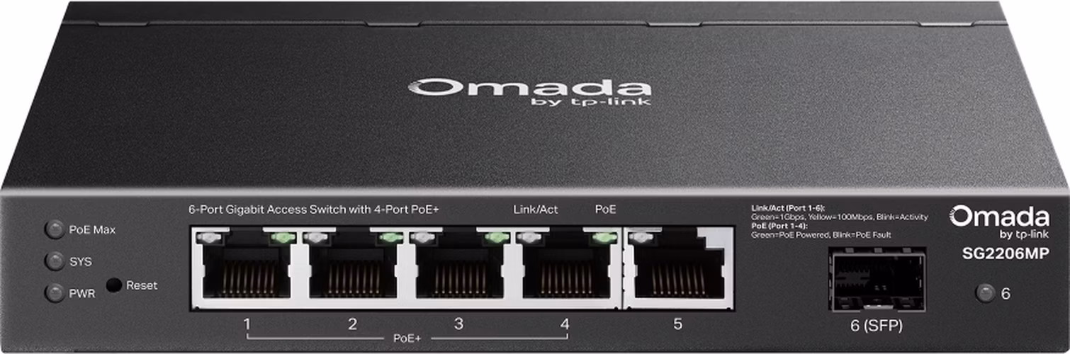TP-Link SG2206MP 6-Port Gigabit Switch, 4x Gigabit PoE, 1x LAN, 1x SFP, 63W budget