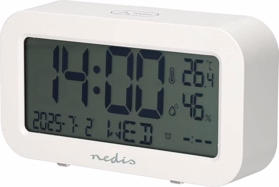 NEDIS digitální stolní budík/ LCD display/ podsvícení/ funkce odloženého buzení/ zobrazení data/ funkce časovače/ bílý