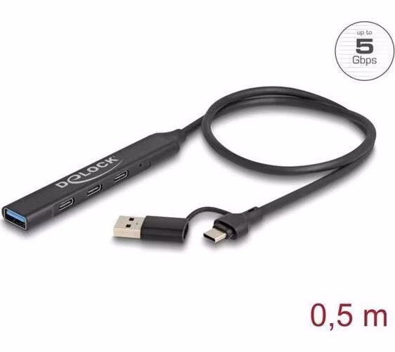 Delock 4 portový štíhlý USB Hub z USB Type-C™ nebo USB Typ-A na 3 x USB 5 Gbps USB Type-C™ + 1 x USB 5 Gbps Typ-A