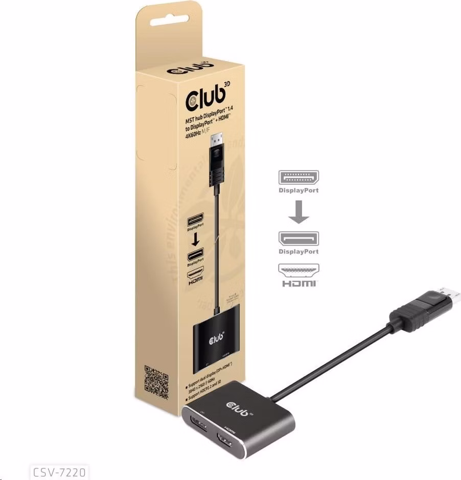 Club3D hub MST (Multi Stream Transport) DisplayPort 1.4 na DisplayPort + HDMI 4K60Hz (M/F)