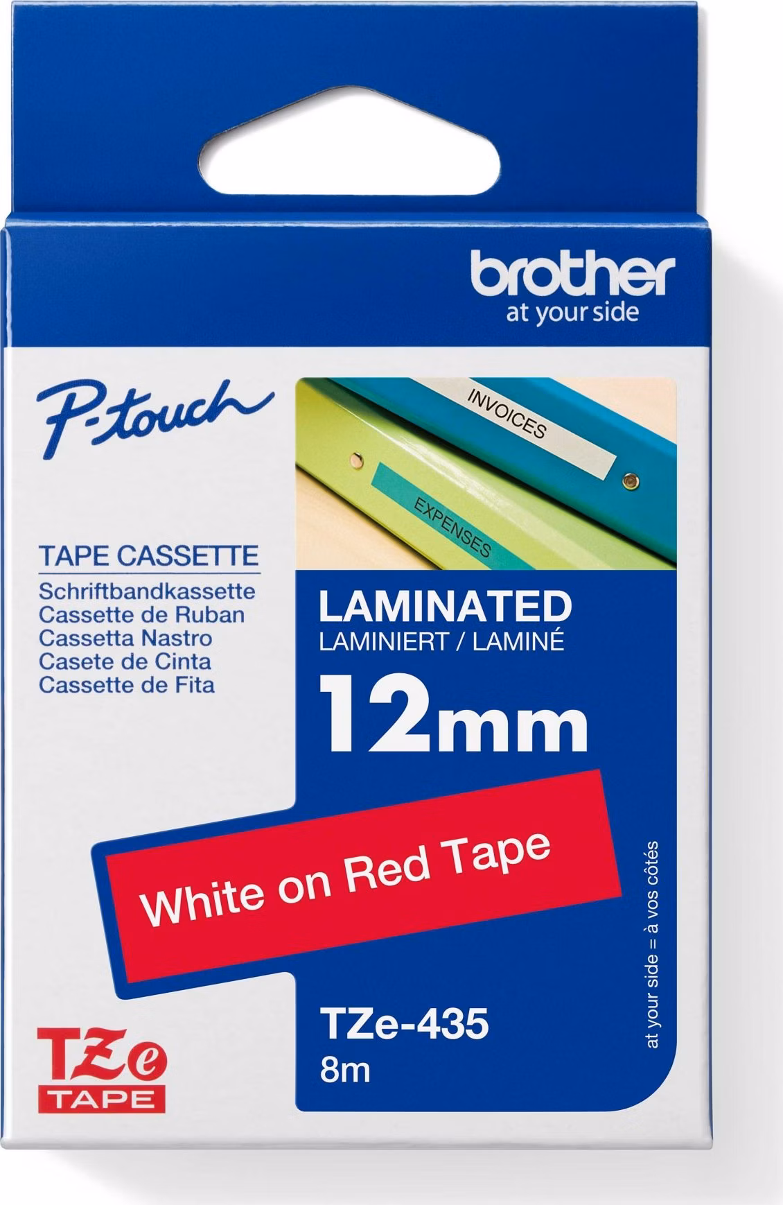 BROTHER TZE435 - 12 mm široká kazeta TZ, laminovaná TZE-435, červeno-biele písmo
