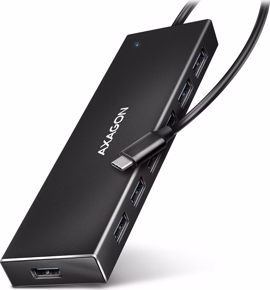 AXAGON HUE-F7C, 7x USB 3.2 Gen 1 ALU FLAT CHARGING hub, micro USB napájací konektor, kábel USB-A 30cm