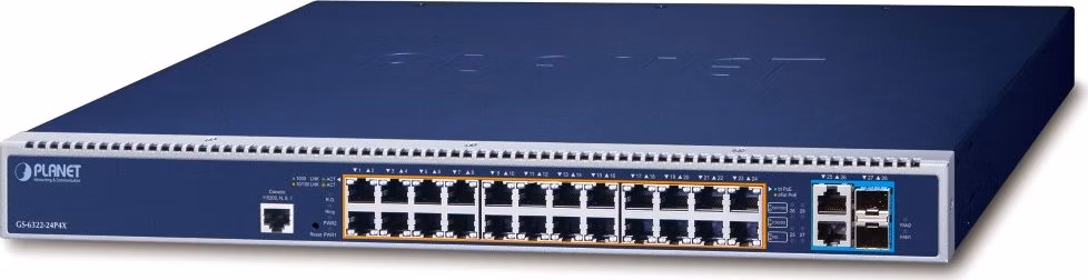 Planet GS-6322-24P4X L3 switch, 24x1Gb, 2x10Gb, 2x10Gb SFP+, 16x PoE 802.3bt 2280W, 2x power-in
