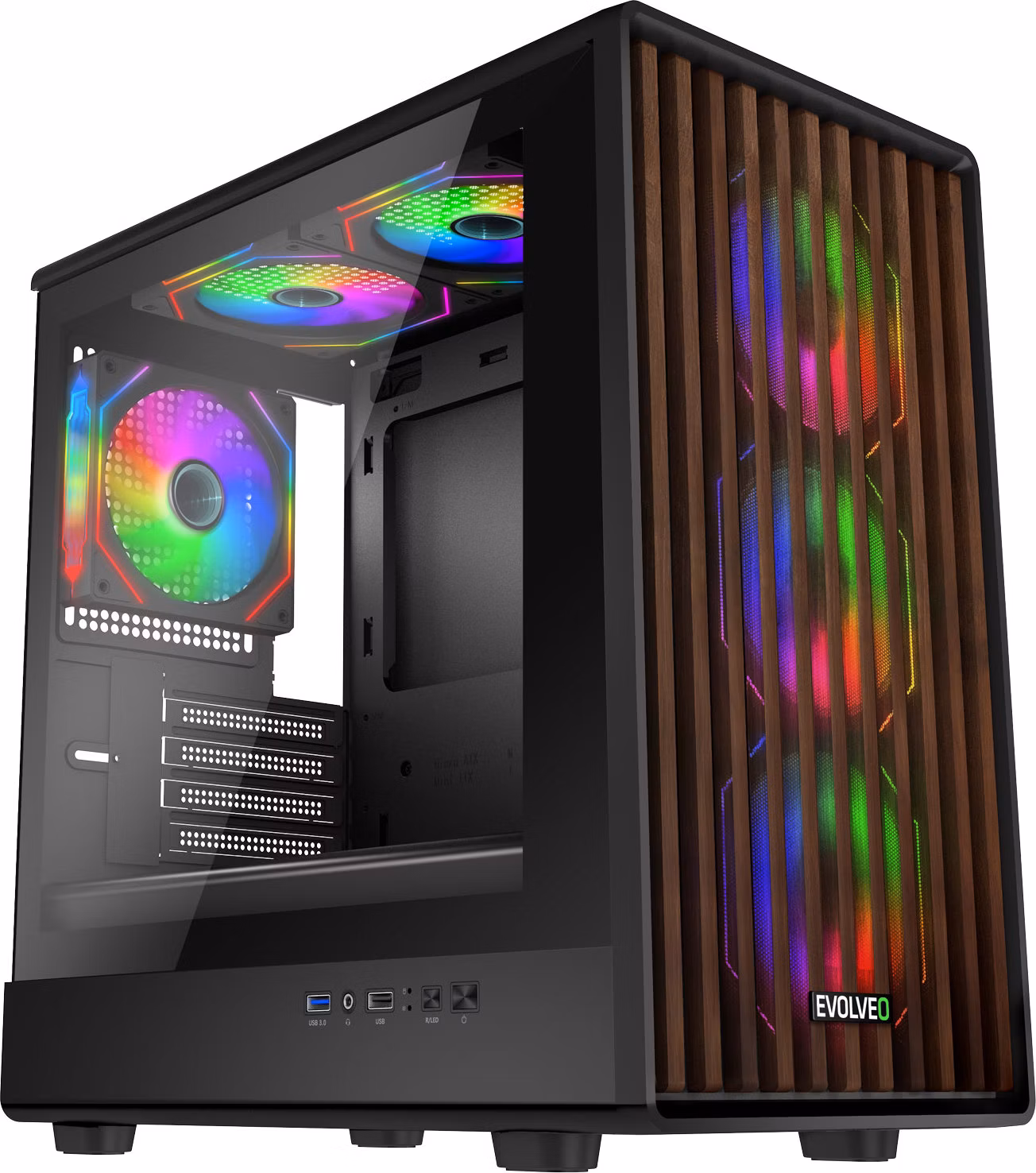 EVOLVEO Panthera, skříň mATX, 6x ARGB ventilátor 120mm, dřevěný přední panel + skleněná bočnice