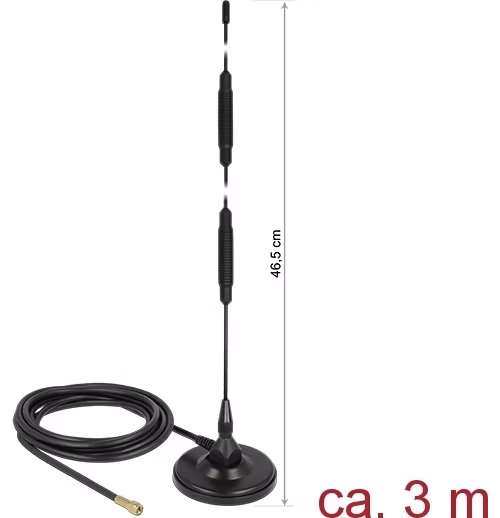 Delock LTE Anténa SMA samec 7 dBi všesměrová pevná s magnetickou základnou a připojovací kabel (RG-58, 3 m) venkovní černý