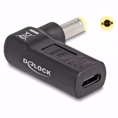 Delock Adaptér na kabel na nabíjení laptopu, ze zásuvky USB Type-C™ na zástrčku 5,5 x 2,5 mm, úhlový 90