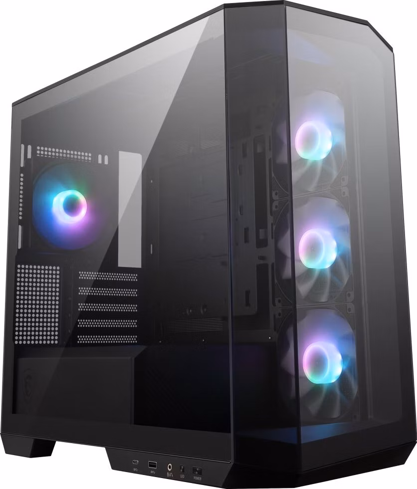 MSI skříň MAG PANO M100R PZ Black/ bez zdroje/ levé a přední sklo/ 4x 120 mm A-RGB fan/ 1x USB-C/ 1x USB3.2/ černá