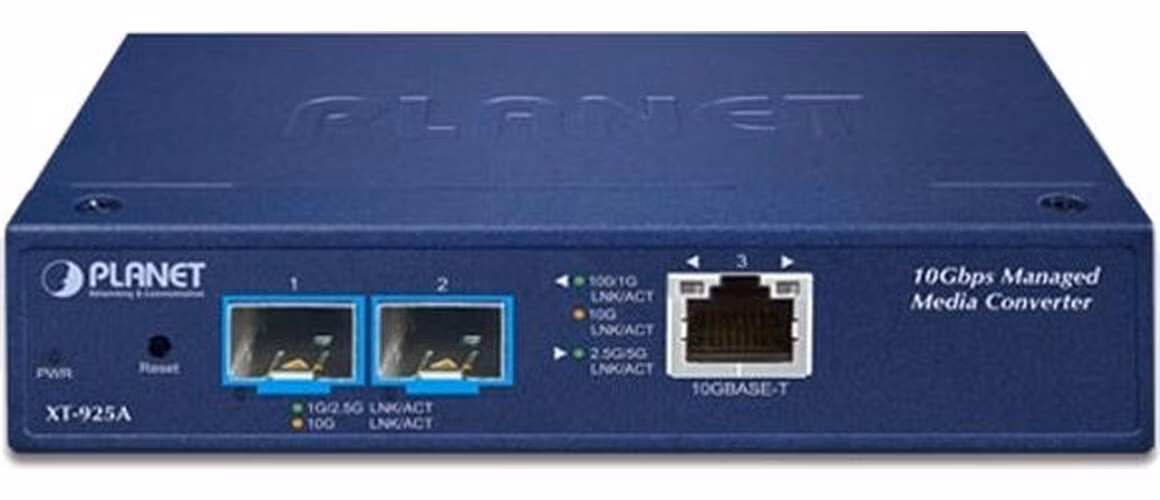 Planet XT-925A průmyslový konvertor, 1x10GBase-T - 2x10GBase-X SFP+, 0~50°C, DIN