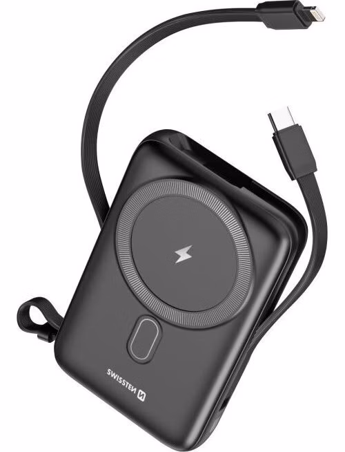 SWISSTEN POWER BANK 10000 mAh PD 20W S INTEGROVANÝMI KABELY USB-C A LIGHTNING (kompatibilní s MagSafe)