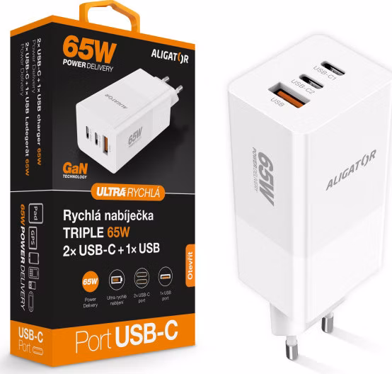 Aligator nabíjačka PD65W, 2USB-C, 1xUSB-A, biela