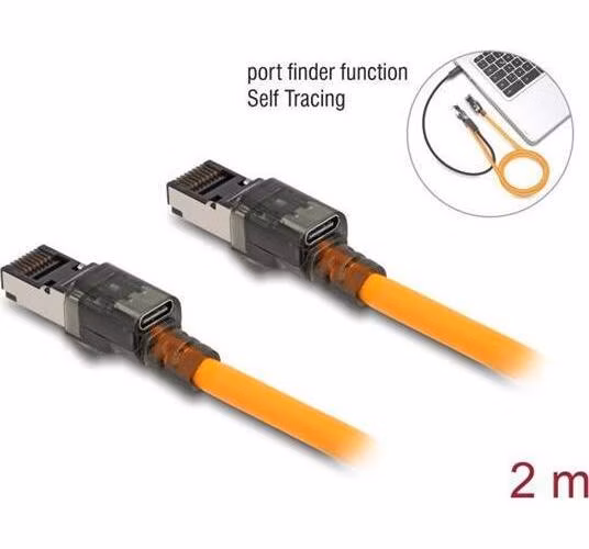 Delock Síťový kabel RJ45 s funkcí vyhledávání portů USB Type-C™, samosledovací, Cat.6A, S/FTP, 2 m, oranžový