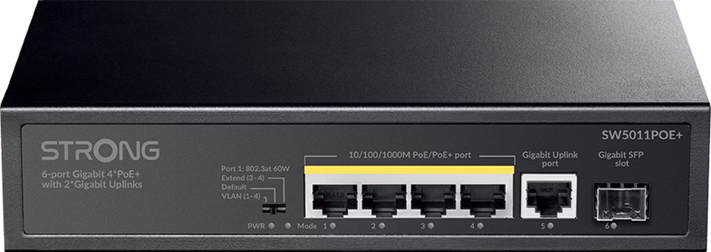 STRONG switch SW5011POE+/ 4x port Gigabit POE+/ 1x Ggabit Uplink port/ 1x Gigabit port SFP/ IEEE802.3af/at/ kovové šasi
