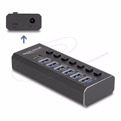 Delock 7portový USB hub se 4 porty 10 Gb/s a 4 porty pro rychlé nabíjení s přepínačem a osvětlením