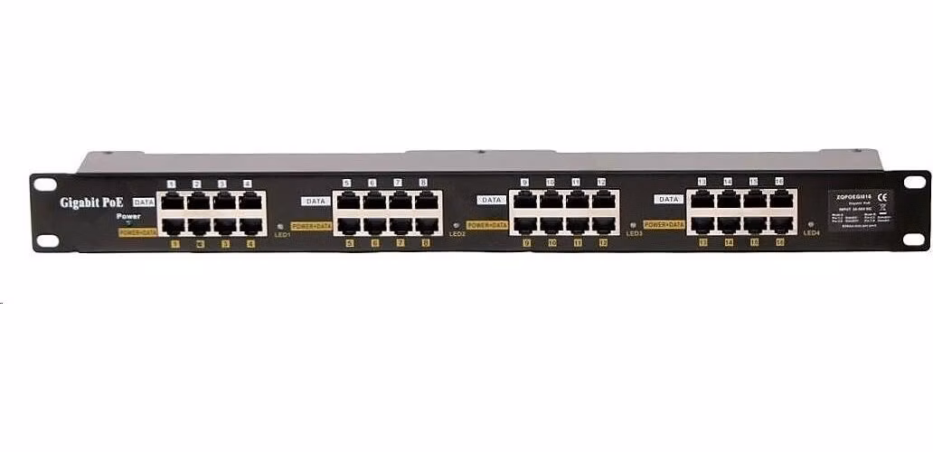 POE injektor aktivní/pasivní - 16x 1 Gb/s, stíněný panel, 802.3af/at