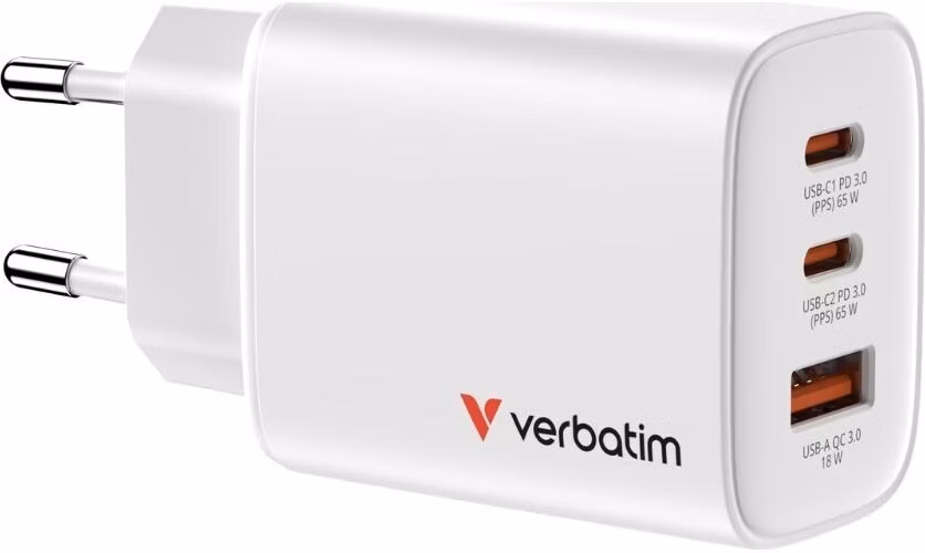 VERBATIM GaN Nabíječka Essentials 65W, 2xUSB-C, 1xUSB-A, bílá