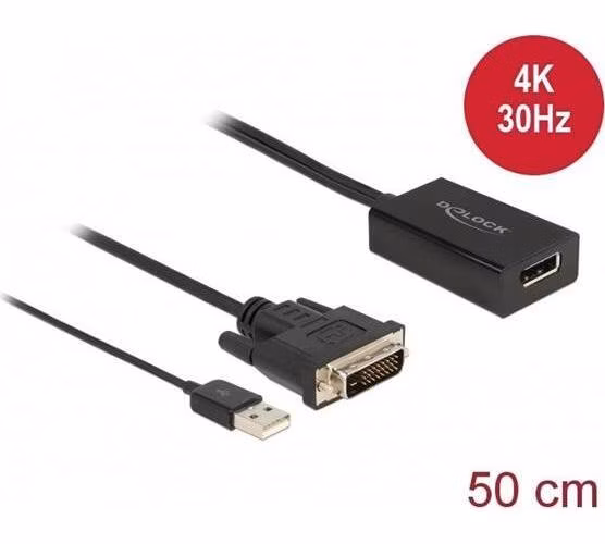 Delock Adaptér DVI samec na DisplayPort 1.2 samice černý 4K s funkcí HDR 50 cm