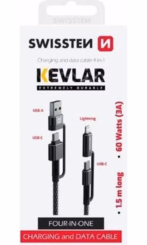 Swissten datový kabel ARAMID REINFORCED - 4in1 3A 1,5 M antracit