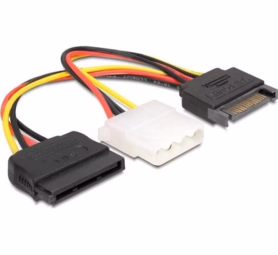Delock Power Adapter SATA 15-pin samec > Molex samice 4-pin + SATA 15-pin samice, 16,5cm