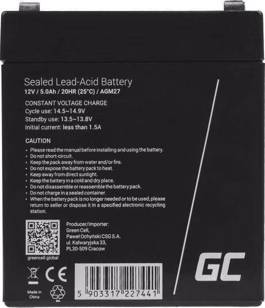 Green Cell AGM VRLA 12V 5Ah maintenance-free battery for the alarm system, cash register, toys