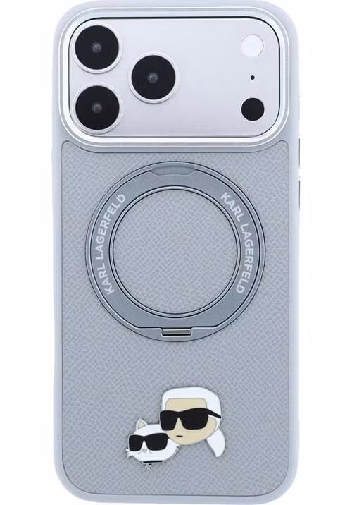 Karl Lagerfeld PU Grained K&amp;CH Heads Ring Stand Magsafe kryt iPhone 18 Pro Max šedá