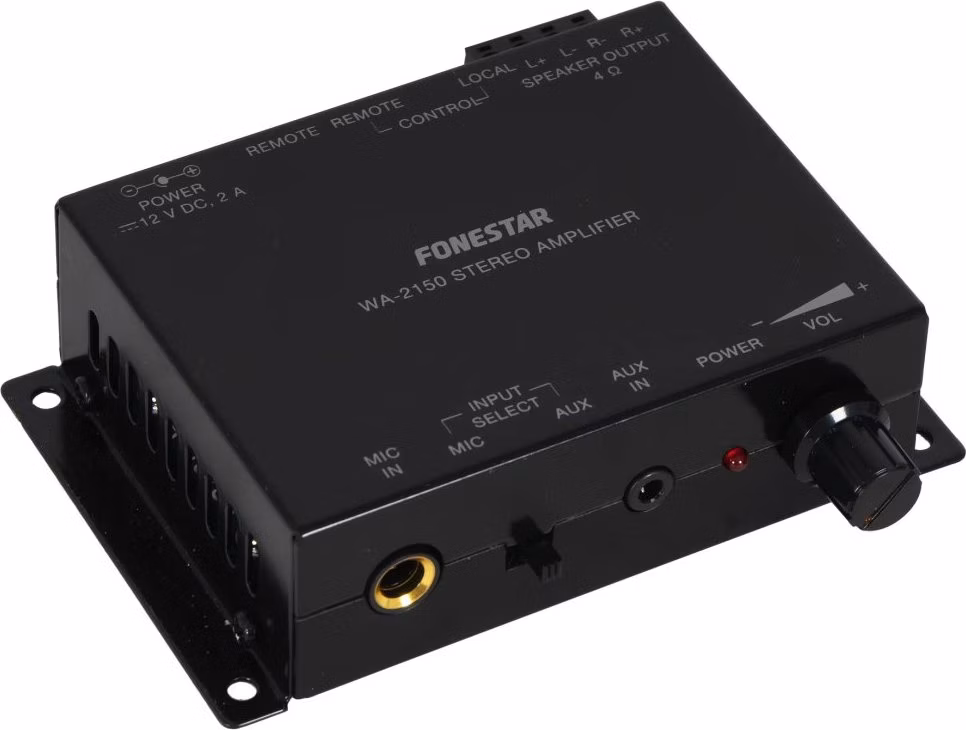 Fonestar Nástěnný stereo zesilovač Class D 2×15 W/4ohm, Mic + AUX, ocelové pouzdro, 12 V DC adaptér