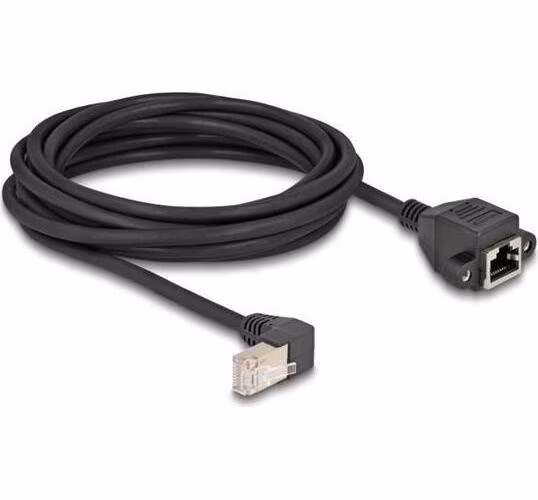 Delock Síťový prodlužovací kabel ze zástrčky S/FTP RJ45, pravoúhlý (90°), na integrovanou zásuvku RJ45, Cat.6A, 5 m, černý
