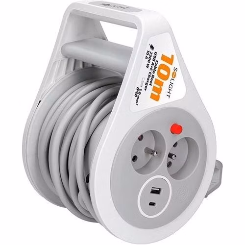 Solight prodlužovací přívod na bubnu 10m, USB A+C, 2 zásuvky, šedý kabel, 3x 1,0mm2