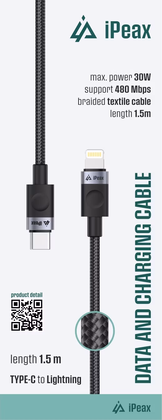 TEXTILNÝ KÁBEL USB-C/LIGHTNING 1,5M, USB 2.0 ČIERNY