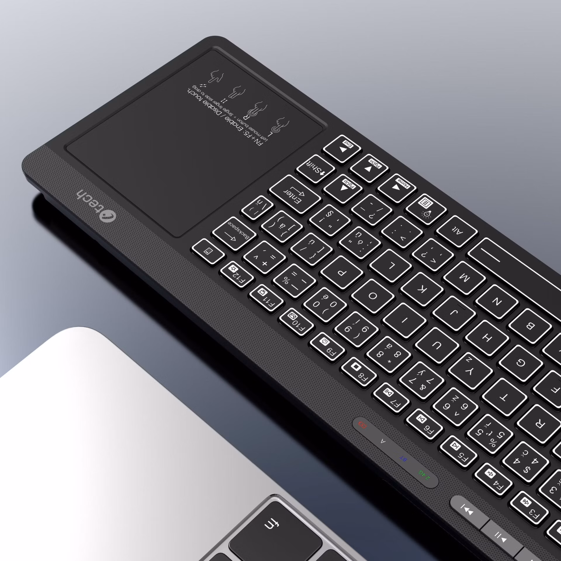 C-TECH klávesnice WLTK-03, Dual mode, BT5.0 + 2,4GHzb, bezdrátová s touchpadem, LED podsvětlení, černá
