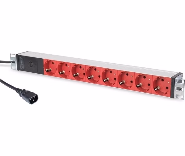 DIGITUS 1U Hliníkové PDU, do stojanu, C14->8x červený CEE 7/7 10A zástrčka, 250VAC 50/60 Hz