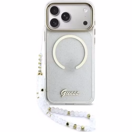 Guess IML Glitter Script Strap MagSafe kryt iPhone 17 Pro Max biely