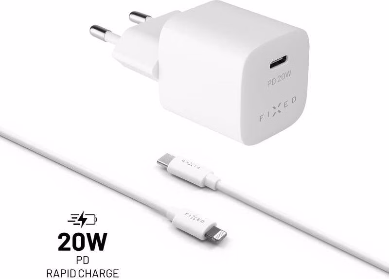 FIXED Mini Set sieťovej nabíjačky s USB-C výstupom a USB-C / Lightning kábla, podpora PD, 1 meter, MFI, 20W, biely