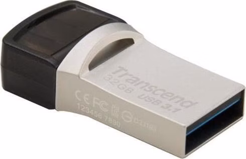 Transcend 32GB JetFlash 890, USB-C/USB 3.1 duální flash disk, malé rozměry, stříbrný kov, odolá prachu i vodě