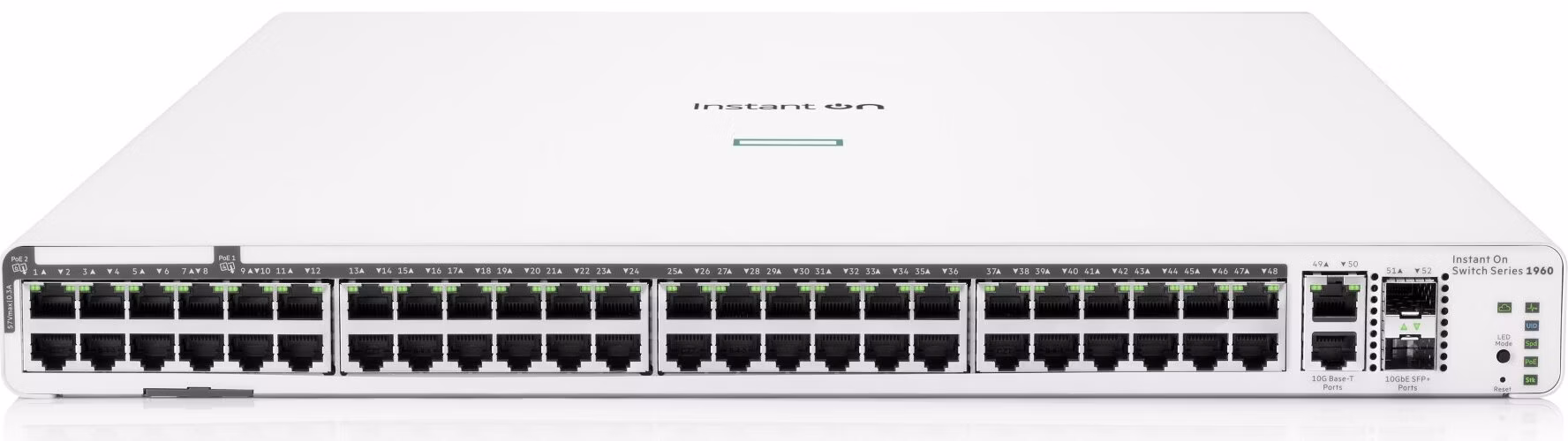 HPE Networking Instant On Switch 40p Gigabit CL4 8p Gigabit CL6 PoE 2p 10GBT 2p SFP+ 600W 1960 (JL809A)