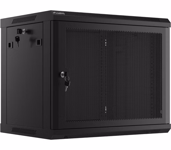 LANBERG Nástěnná jednodílná skříň 19", 9U/600x450, (v rozloženém stavu), perforované dveře, černá (RAL9004)