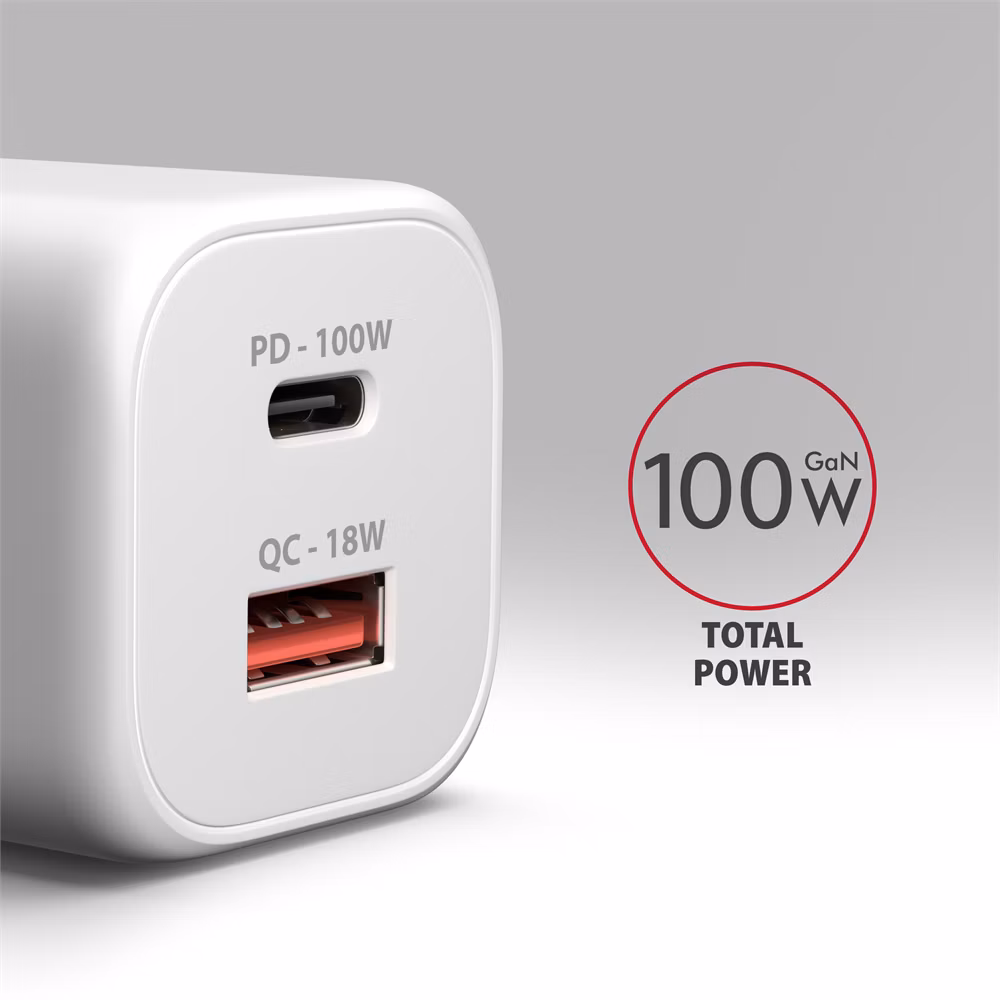 AXAGON ACU-PQ100W, GaN nabíjačka do siete 100W, USB-A+USB-C, PD3.0/PPS/QC4+/SFC2.0/Apple, biela