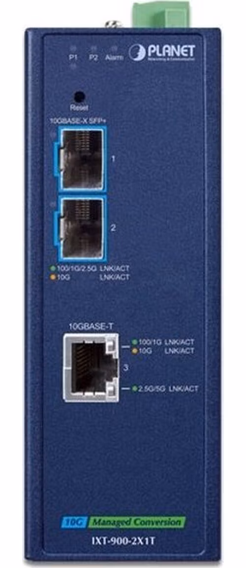 Planet IXT-900-2X1T průmyslový konvertor 1x 10G Base-T / 2x SFP+ 10GBase-X, IP40, -40~75°C, dual power, SNMP