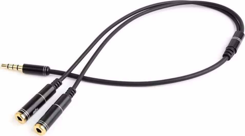 Gembird adaptér 1 x 3.5 mm 4-pin miniJack (M) na 2 x 3.5 mm jack (F) pre zapojenie headsetu do notebooku, kov. kon,0.2 m