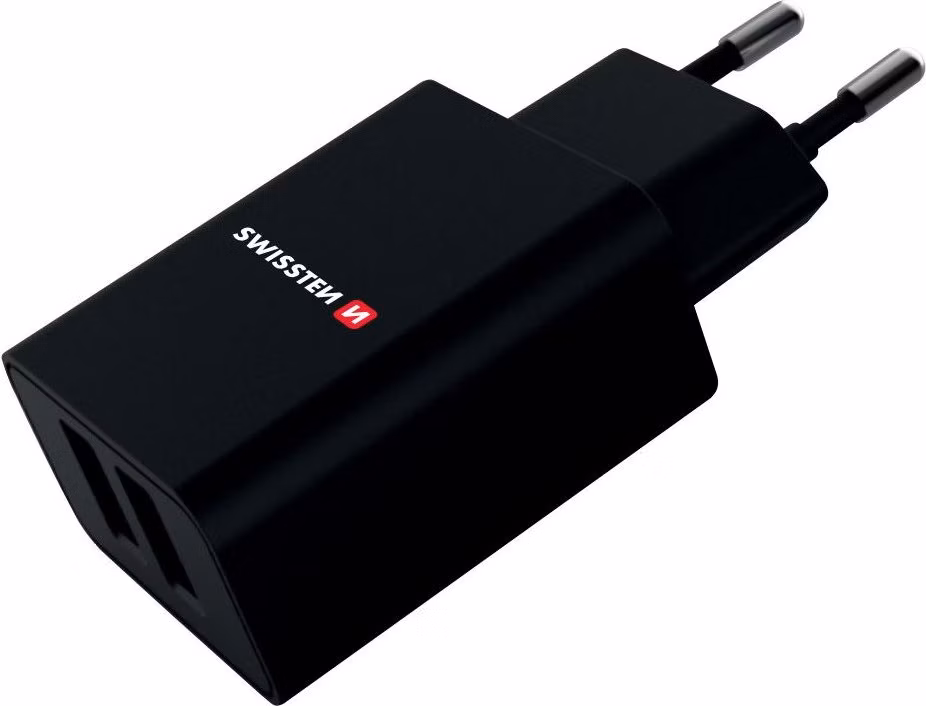 SWISSTEN SÍŤOVÝ ADAPTÉR SMART IC, CE 2x USB 2,1 A POWER ČERNÝ + DATOVÝ KABEL SWISSTEN USB / LIGHTNING MFi 1,2 M ČERNÝ