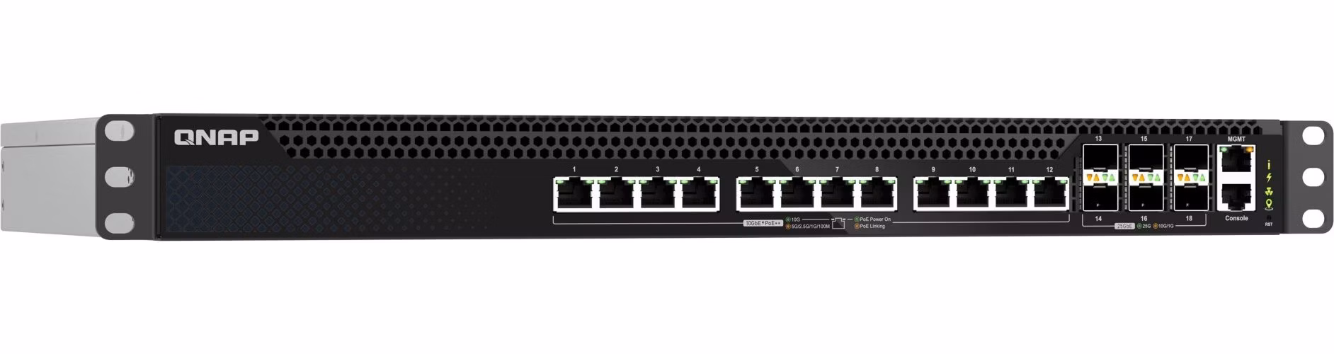 QNAP riadený switch QSW-M5218P-6F12T (6x 25GbE SFP28 port, 12x 10GbE PoE RJ45 port, L3)