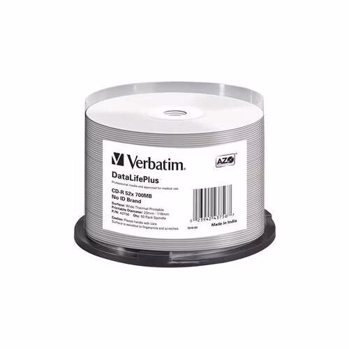 VERBATIM CD-R(50-pack) spindl, AZO 52X,700MB,WHITE WIDE THERMAL PRINTABLE SURFACE NON-ID