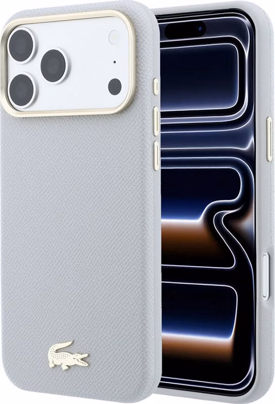 Lacoste PU Leather Champs Elysees Gold Logo MagSafe kryt iPhone 18 Pro šedý