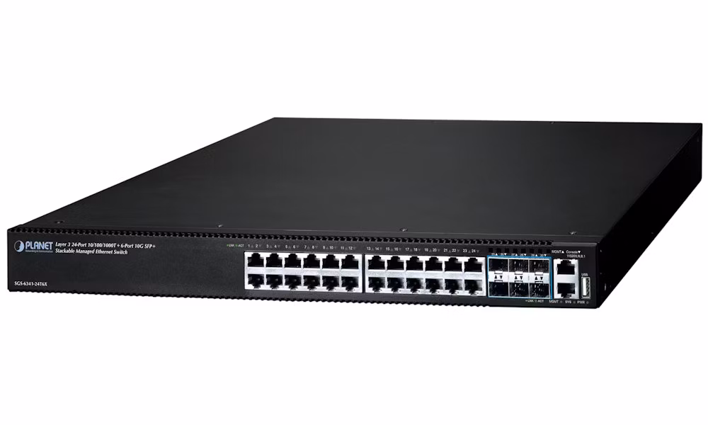 Planet SGS-6341-24T6X L3 switch, 24x1Gb, 6x10Gb SFP+, HW/IP stack, VSF/Cluster, NIS2+NDAA