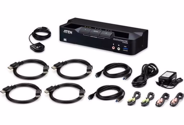 ATEN 2-port. přepínač USB 3.0 s podporou 8K a DisplayPort pro dva monitory s technologií KVMP (včetně kabelů)