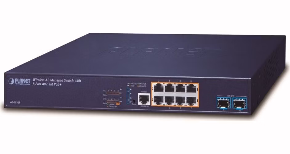 Planet WS-1032P, WLAN kontrolér pro 32x AP, 8xGE, 2x 10G SFP+, PoE 802.3at 30/120W, VLAN, ACL, IGMP, MLD