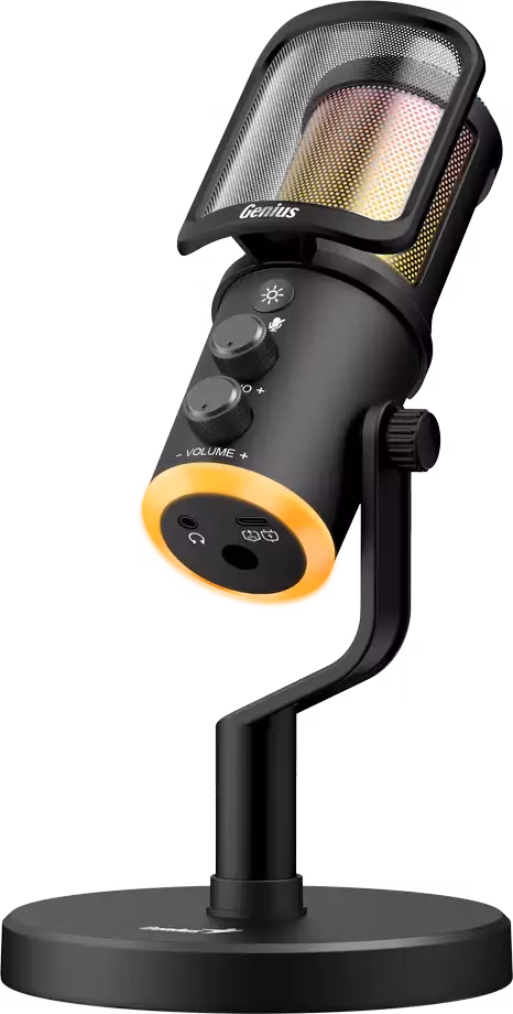 Genius MIC-S400U, Mikrofon, streamovací, kardioidní, kondenzátorový, RGB LED, pop filtr, USB, USB-C, 1,8m, černý