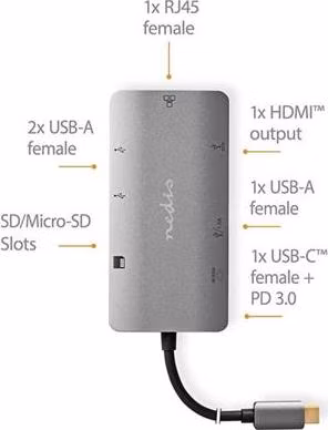 Nedis CCBW64240AT02 - Dokovací Stanice | USB 3.2 Gen 1 | USB-C™ Zástrčka | Micro SD / RJ45 Zásuvka / SD / USB-C™ Zásuvka