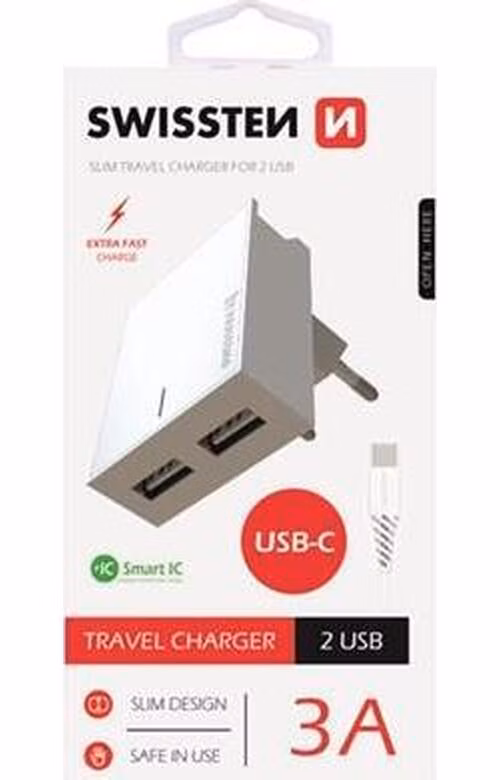 SWISSTEN SÍŤOVÝ ADAPTÉR SMART IC, CE 2x USB 3 A POWER BÍLÝ + DATOVÝ KABEL SWISSTEN USB / TYPE C 1,2 M BÍLÝ